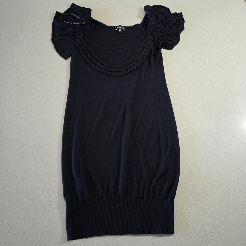 Bebe Black Braided Neck Ruffle Sleeve Knit Tunic Dress S08U41019500 Womens L